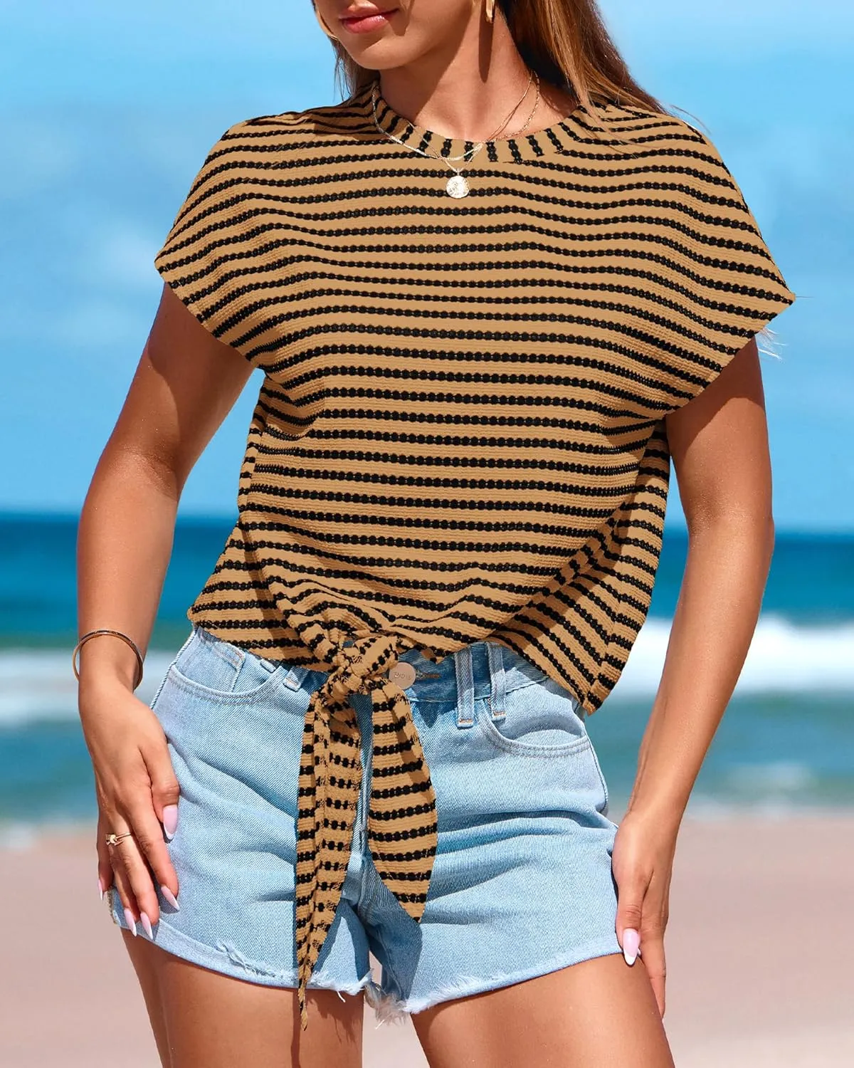 PRETTYGARDEN Womens Tops 2025 Cute Summer Cap Sleeve Crewneck Tie Knot Striped Shirts Casual Loose Blouses Knit Crop Top