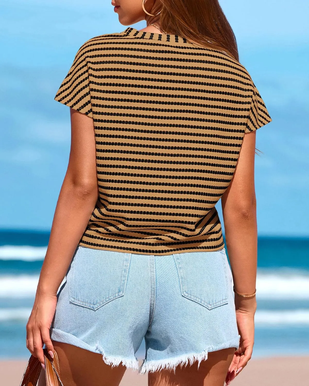 PRETTYGARDEN Womens Tops 2025 Cute Summer Cap Sleeve Crewneck Tie Knot Striped Shirts Casual Loose Blouses Knit Crop Top
