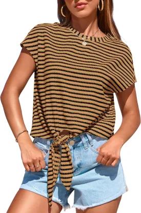 PRETTYGARDEN Womens Tops 2025 Cute Summer Cap Sleeve Crewneck Tie Knot Striped Shirts Casual Loose Blouses Knit Crop Top