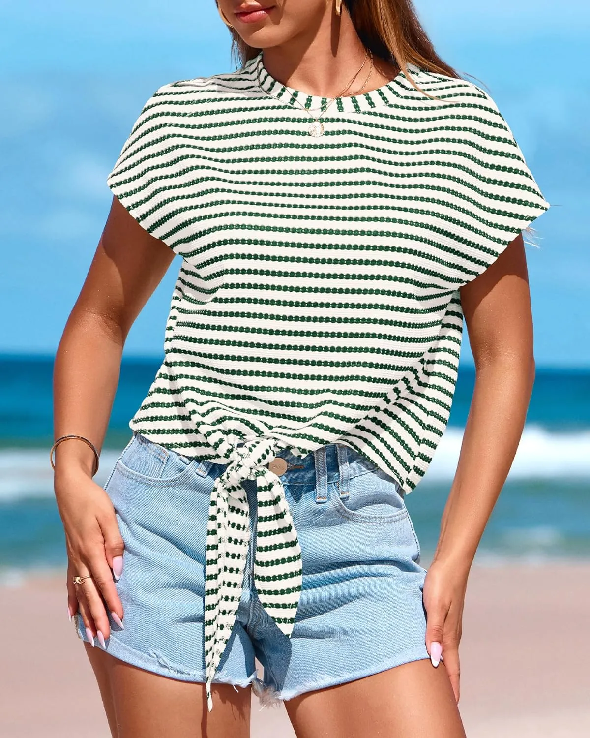 PRETTYGARDEN Womens Tops 2025 Cute Summer Cap Sleeve Crewneck Tie Knot Striped Shirts Casual Loose Blouses Knit Crop Top