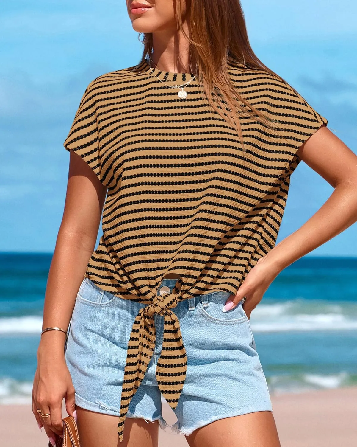 PRETTYGARDEN Womens Tops 2025 Cute Summer Cap Sleeve Crewneck Tie Knot Striped Shirts Casual Loose Blouses Knit Crop Top
