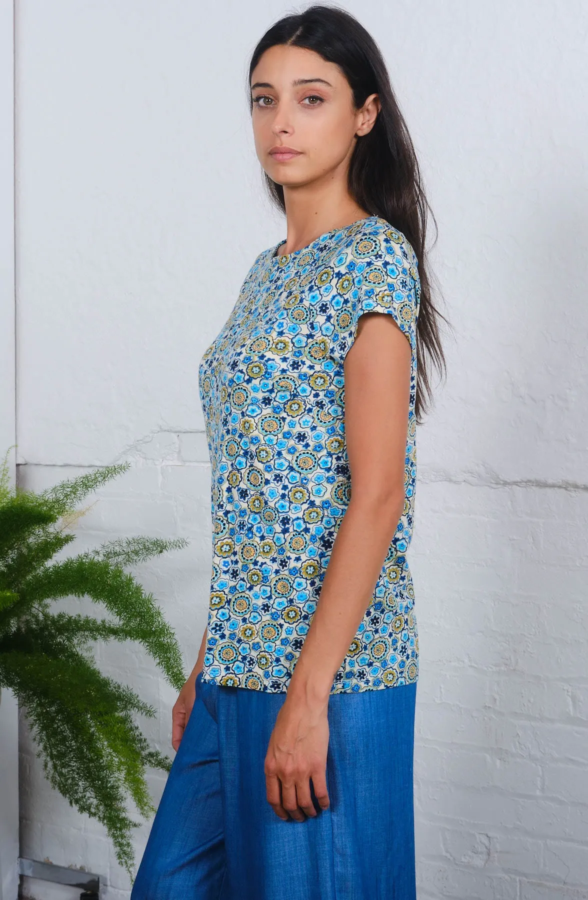Queenie Top in Blue Flax Print