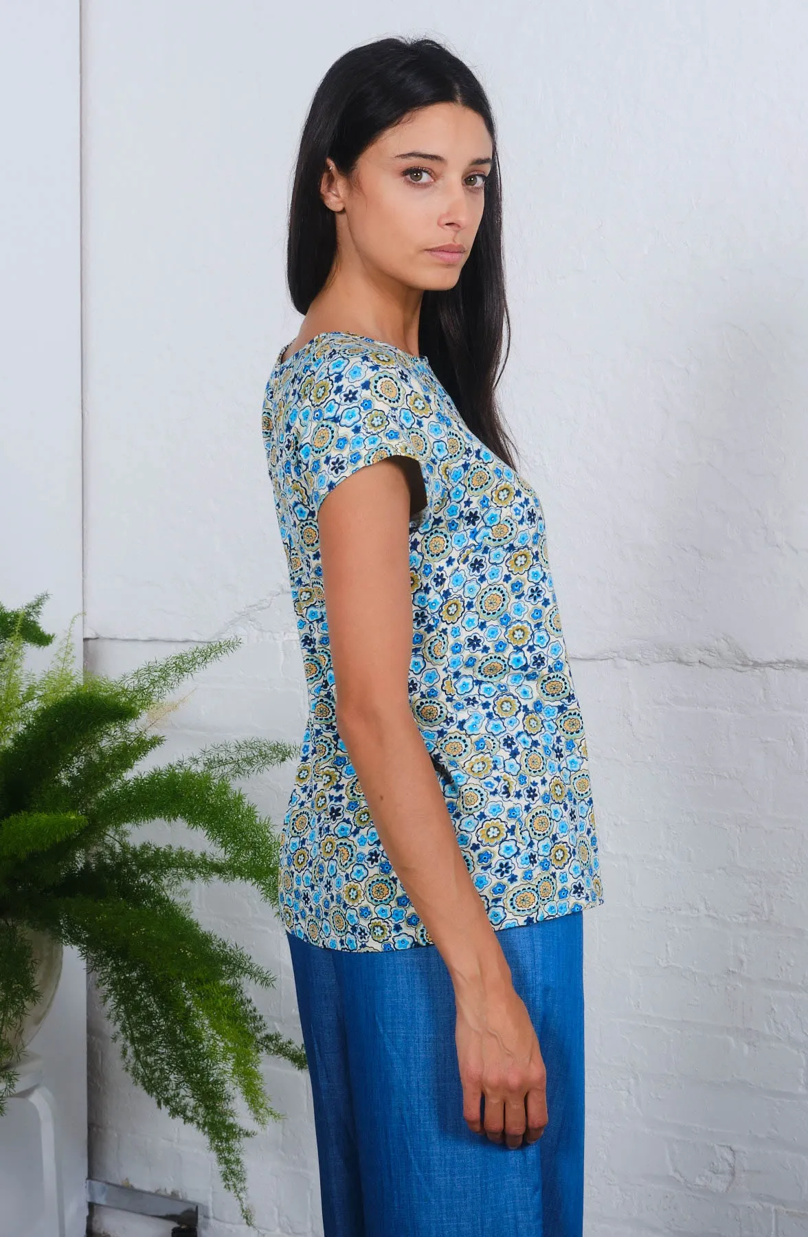 Queenie Top in Blue Flax Print