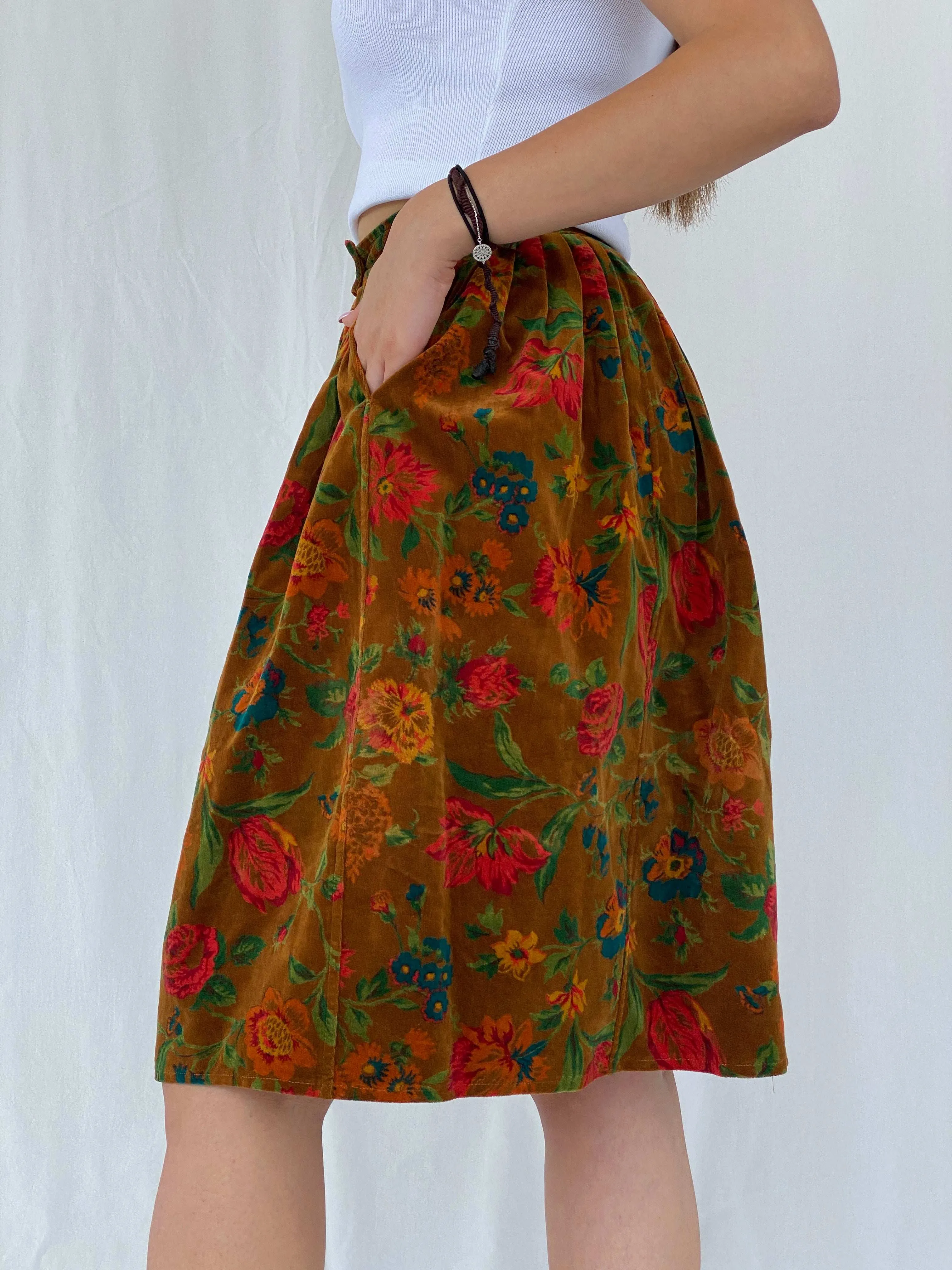 Rare Vintage 80s Kenzo Paris Midi Floral Corduroy Skirt