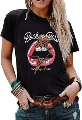 Rock N Roll Shirt Women Vintage Rock Music Graphic Shirt Country Music Tee Funny Letter Printed Casual Short Sleeve Tops