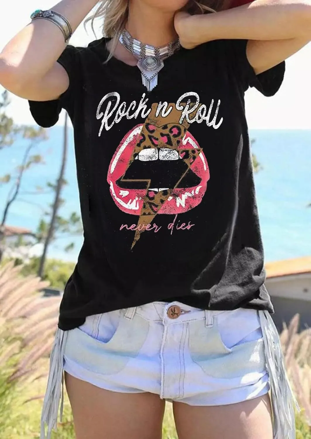 Rock N Roll Shirt Women Vintage Rock Music Graphic Shirt Country Music Tee Funny Letter Printed Casual Short Sleeve Tops