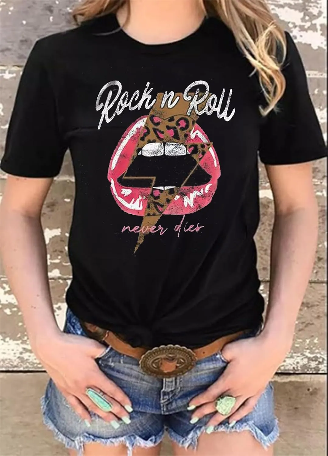 Rock N Roll Shirt Women Vintage Rock Music Graphic Shirt Country Music Tee Funny Letter Printed Casual Short Sleeve Tops