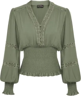 Scarlet Darkness Women's Renaissance Peasant Blouse V Neck Lantern Sleeve Lace Smocked Tops