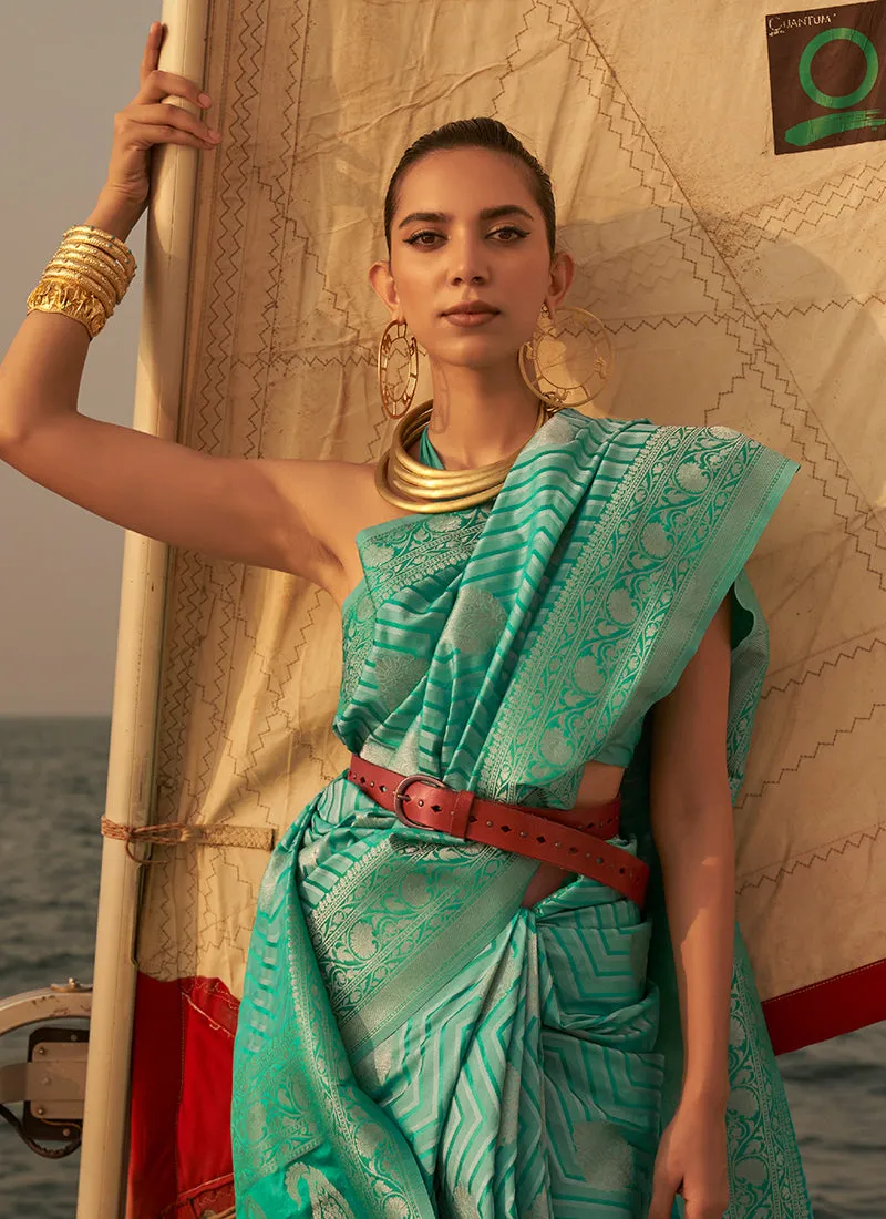 Sea Green Two Tone Zari Weaved Satin Silk Saree
