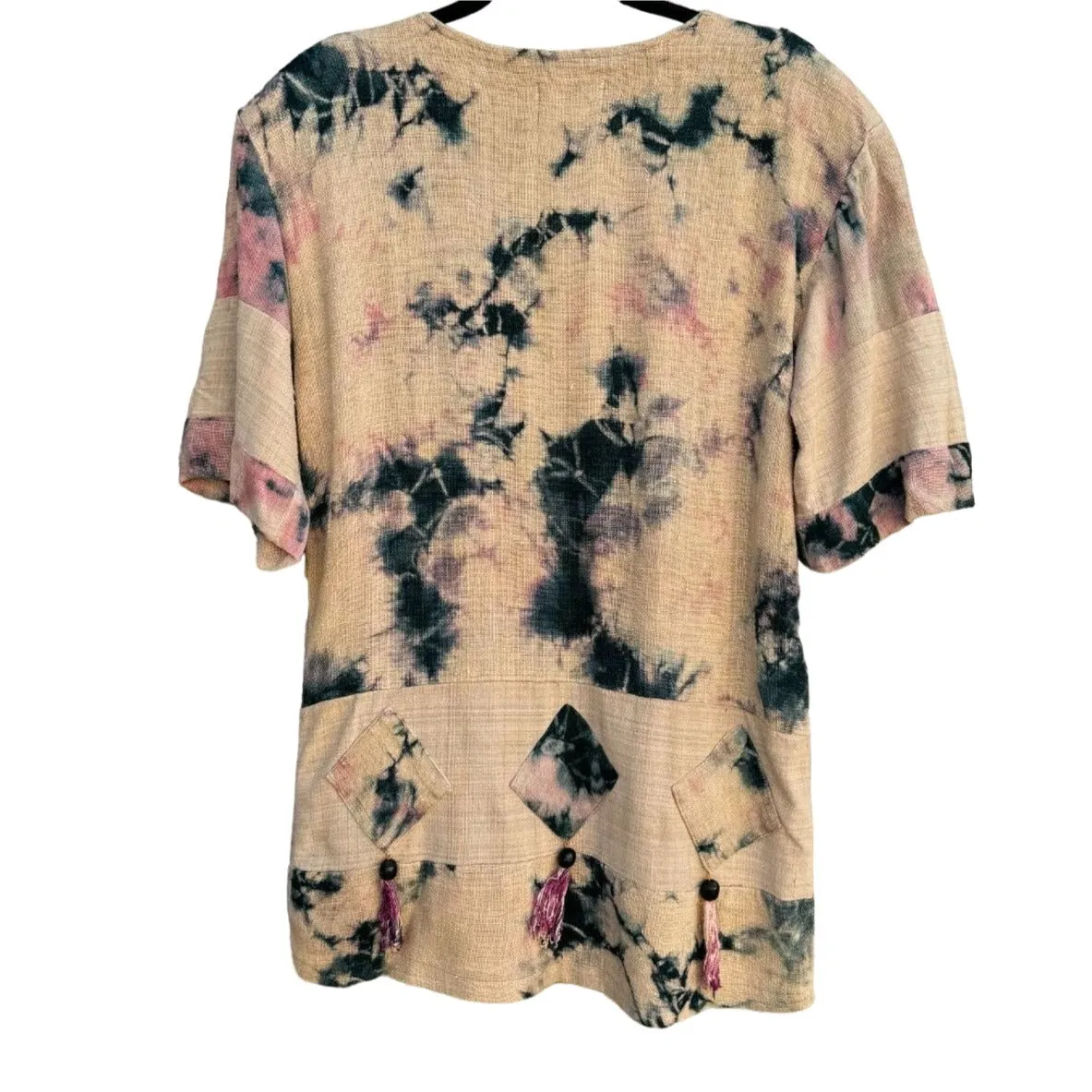 Skill Sparrow Vintage Heavy Linen Colorwash Batik Tassel Accents Women's Blouse