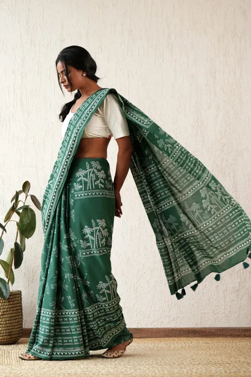 Sooti Syahi ' Celestial Drift' Hand Block Mul Cotton Saree
