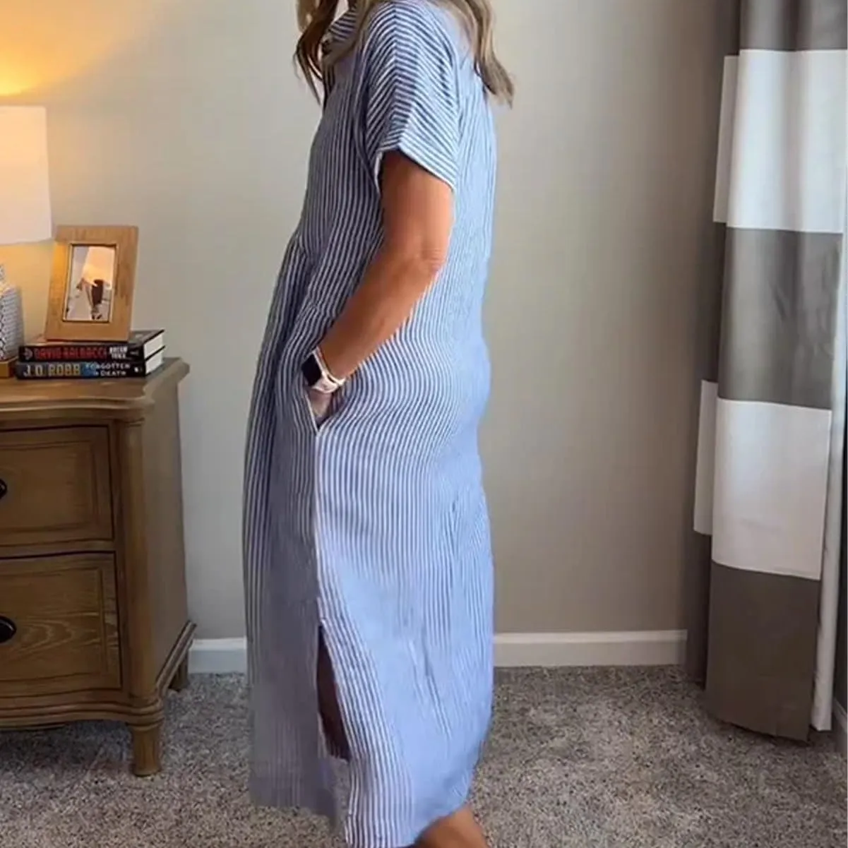 Striped Lapel Button Down Shirt Dress, Summer Casual Button up Short Sleeve Midi Long Shift Dress with Pockets