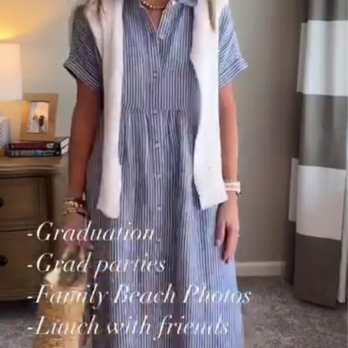 Striped Lapel Button Down Shirt Dress, Summer Casual Button up Short Sleeve Midi Long Shift Dress with Pockets
