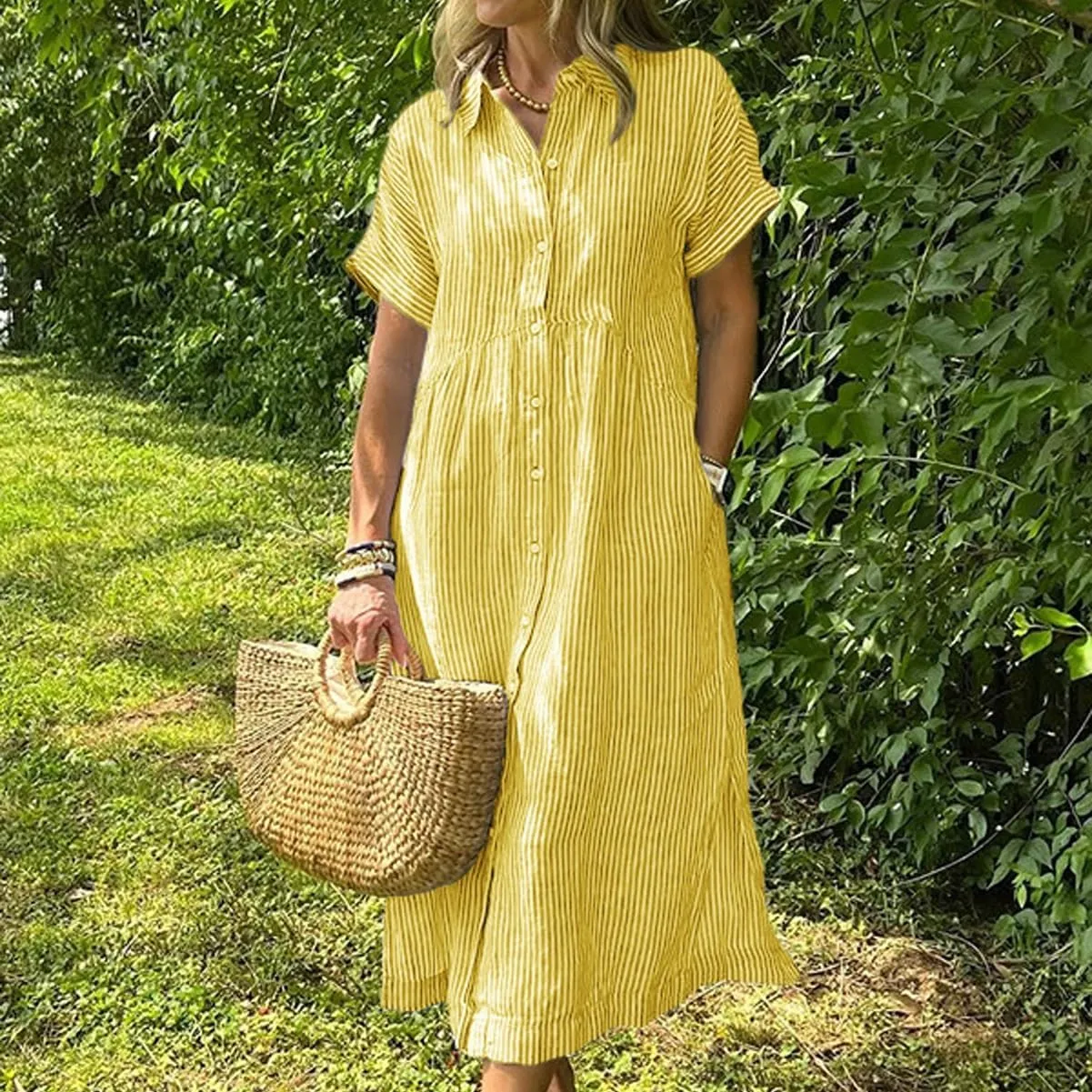 Striped Lapel Button Down Shirt Dress, Summer Casual Button up Short Sleeve Midi Long Shift Dress with Pockets