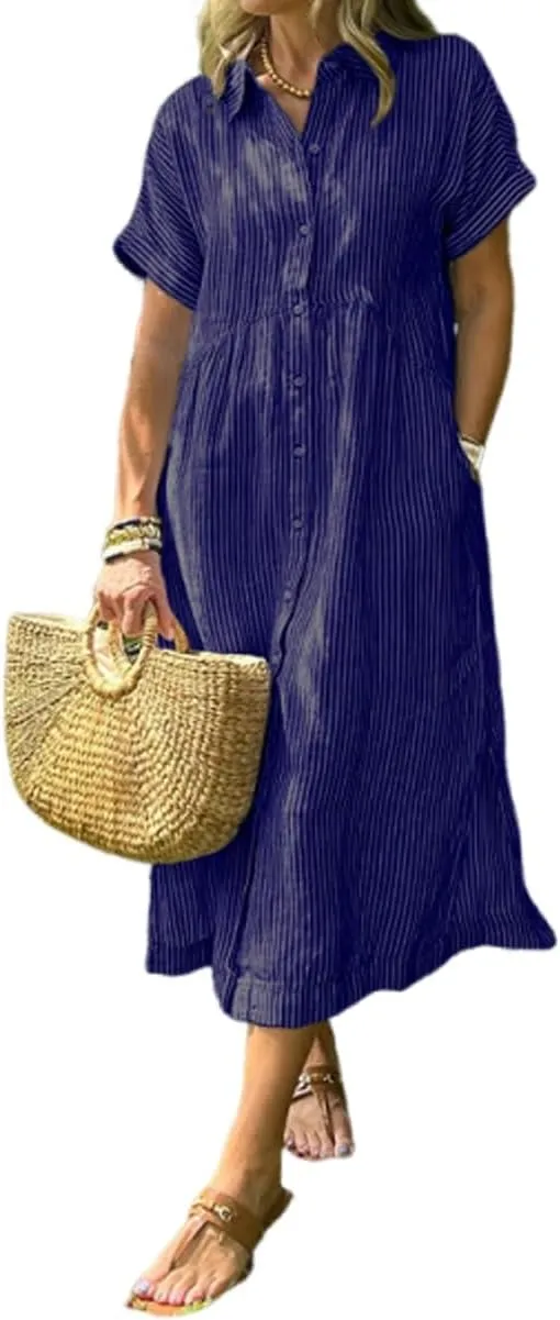 Striped Lapel Button Down Shirt Dress, Summer Casual Button up Short Sleeve Midi Long Shift Dress with Pockets