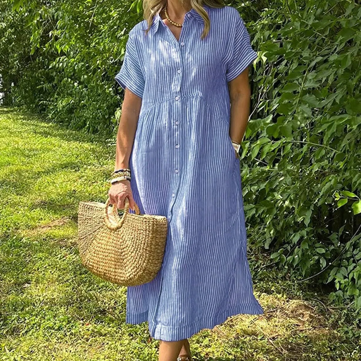 Striped Lapel Button Down Shirt Dress, Summer Casual Button up Short Sleeve Midi Long Shift Dress with Pockets