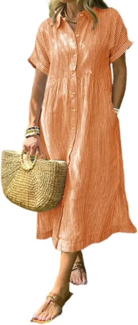 Striped Lapel Button Down Shirt Dress, Summer Casual Button up Short Sleeve Midi Long Shift Dress with Pockets