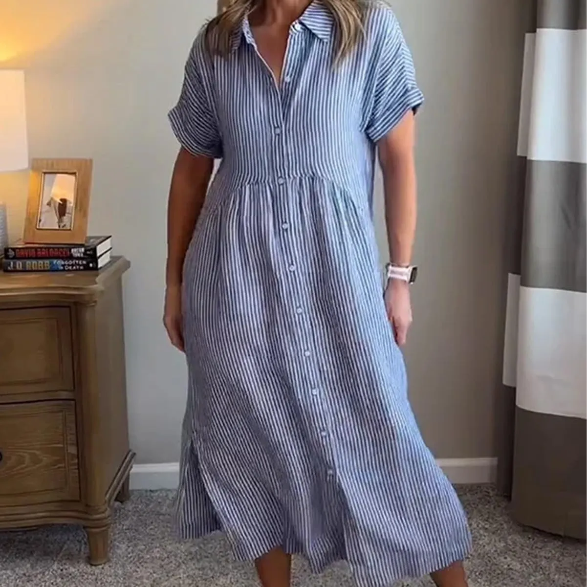 Striped Lapel Button Down Shirt Dress, Summer Casual Button up Short Sleeve Midi Long Shift Dress with Pockets