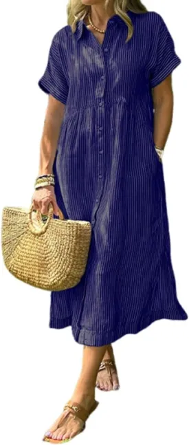 Striped Lapel Button Down Shirt Dress, Summer Casual Button up Short Sleeve Midi Long Shift Dress with Pockets