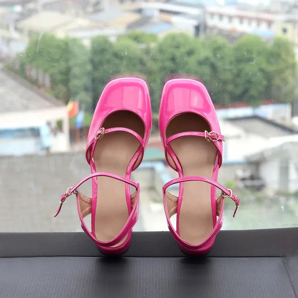TAVIMART  -  Fashion Women Mary Jane Style Two Buckle Ladies Low Heel Shallow Mouth Square Toe Solid Color Party Dress Shoes Green Pink Red