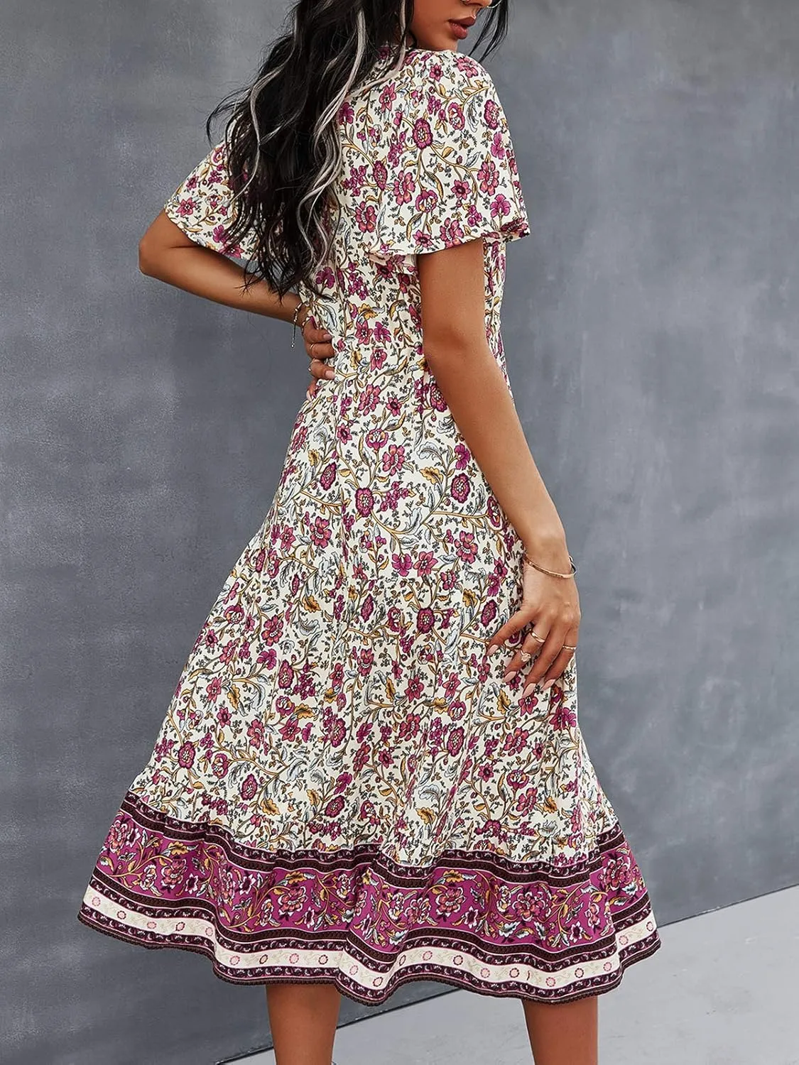 TEMOFON Women Dress Summer Sleeveless Bohemian: Floral V Neck Button Down Flowy Boho Dresses S-XL
