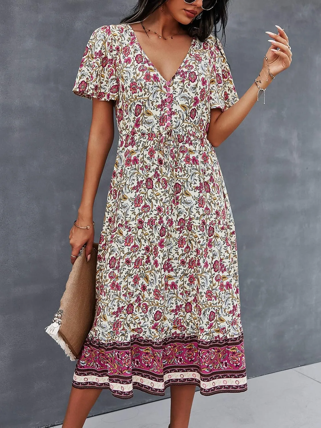 TEMOFON Women Dress Summer Sleeveless Bohemian: Floral V Neck Button Down Flowy Boho Dresses S-XL