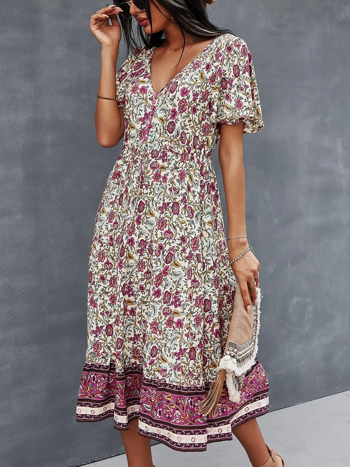 TEMOFON Women Dress Summer Sleeveless Bohemian: Floral V Neck Button Down Flowy Boho Dresses S-XL