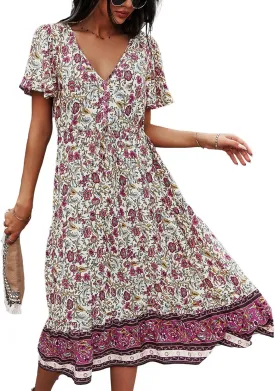 TEMOFON Women Dress Summer Sleeveless Bohemian: Floral V Neck Button Down Flowy Boho Dresses S-XL