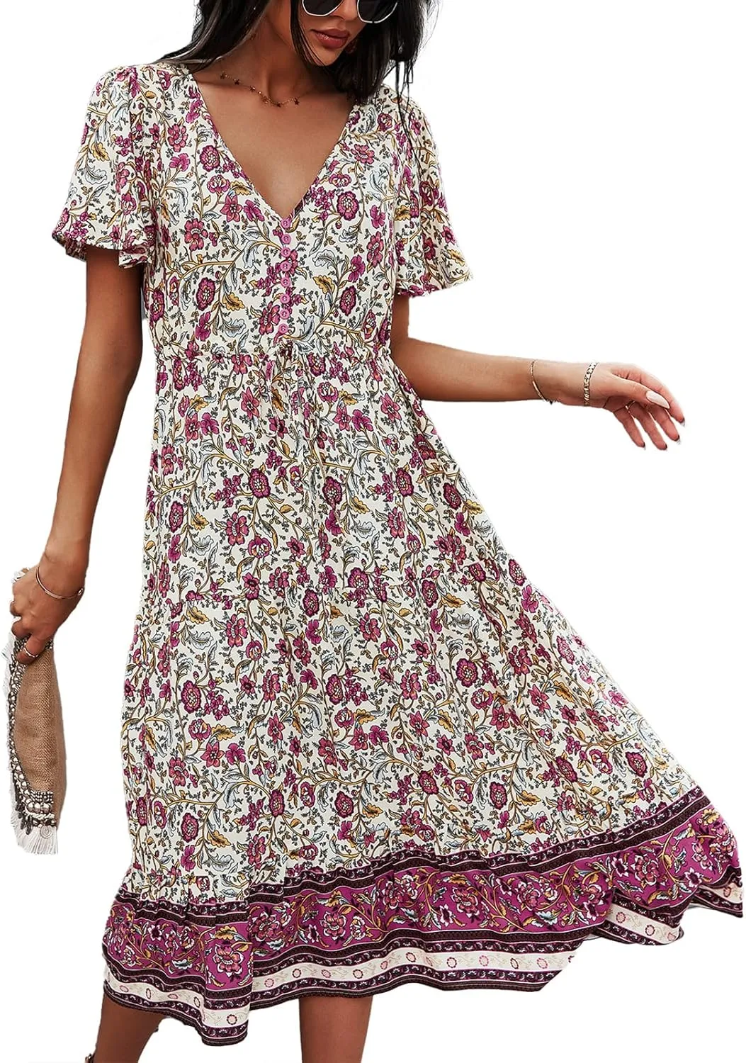 TEMOFON Women Dress Summer Sleeveless Bohemian: Floral V Neck Button Down Flowy Boho Dresses S-XL