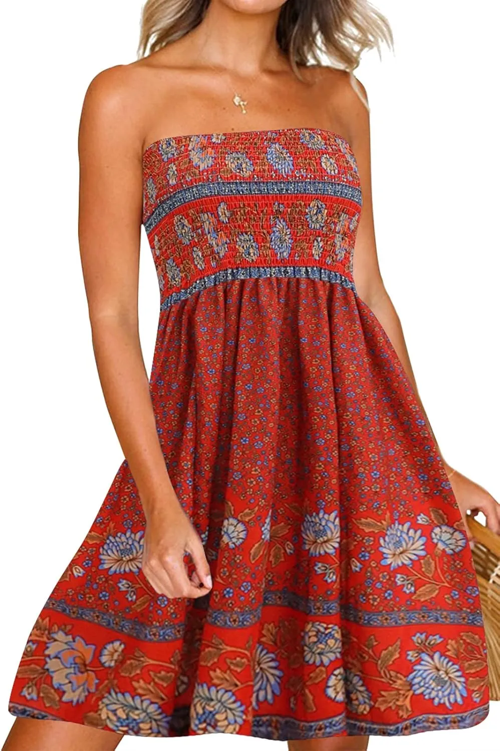 Tube Top Dress Boho Floral Summer Beach Csual Sun Dresses Strapless Dress for Women Red S
