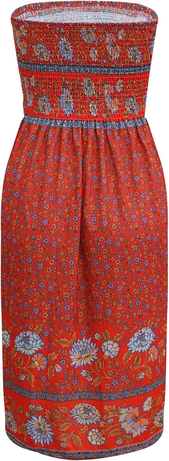 Tube Top Dress Boho Floral Summer Beach Csual Sun Dresses Strapless Dress for Women Red S