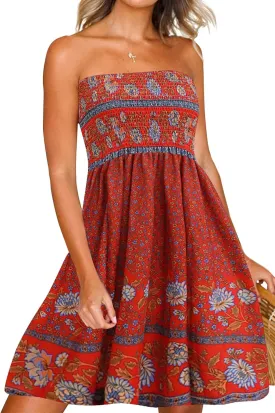 Tube Top Dress Boho Floral Summer Beach Csual Sun Dresses Strapless Dress for Women Red S