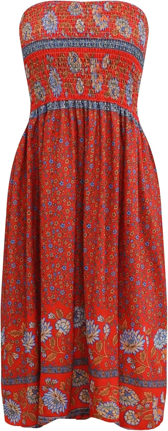Tube Top Dress Boho Floral Summer Beach Csual Sun Dresses Strapless Dress for Women Red S