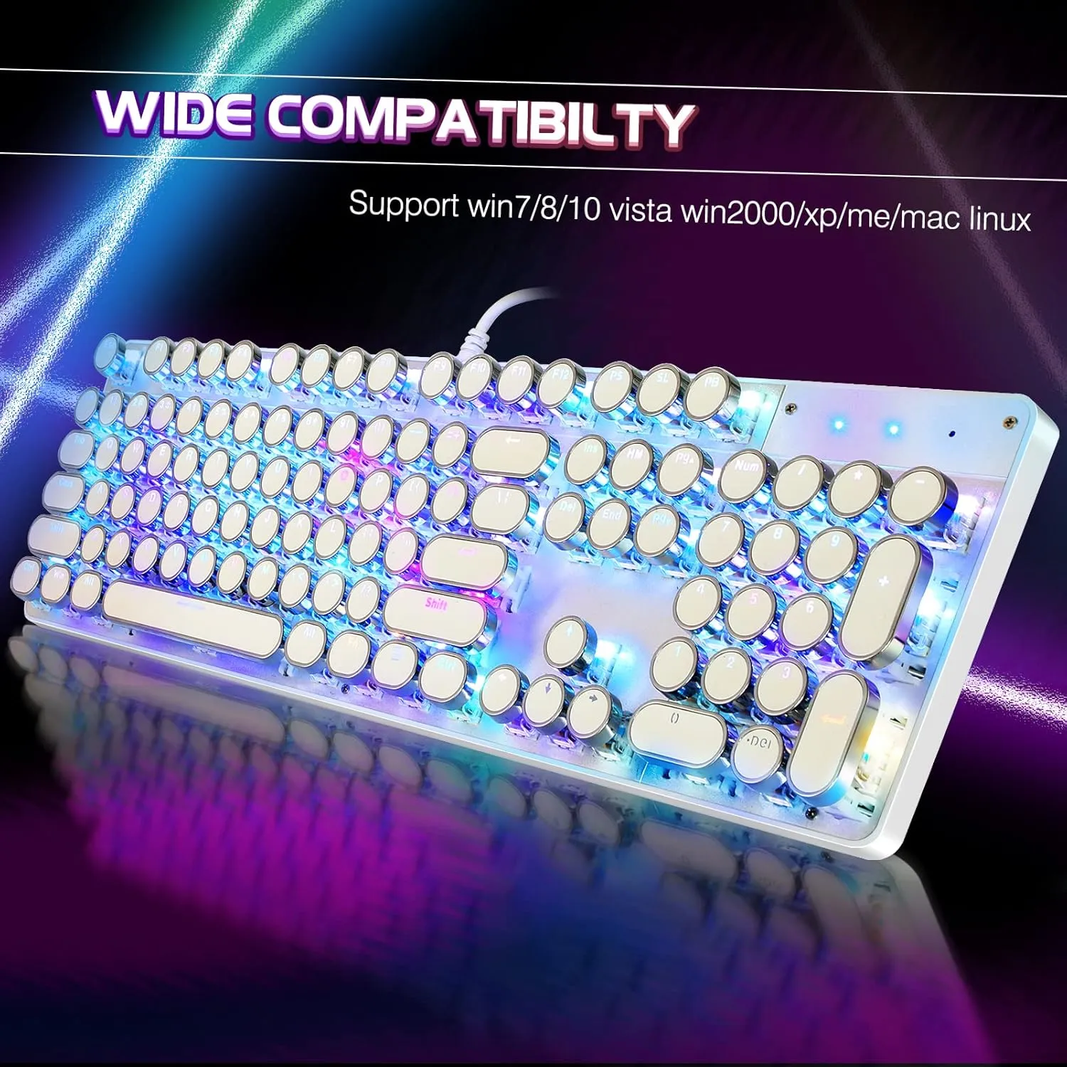 Typewriter Style Mechanical Gaming Keyboard RGB Backlit Wired with Blue Switch Retro Round Keycap 104 Keys Keyboard (White 104 Keys RGB)