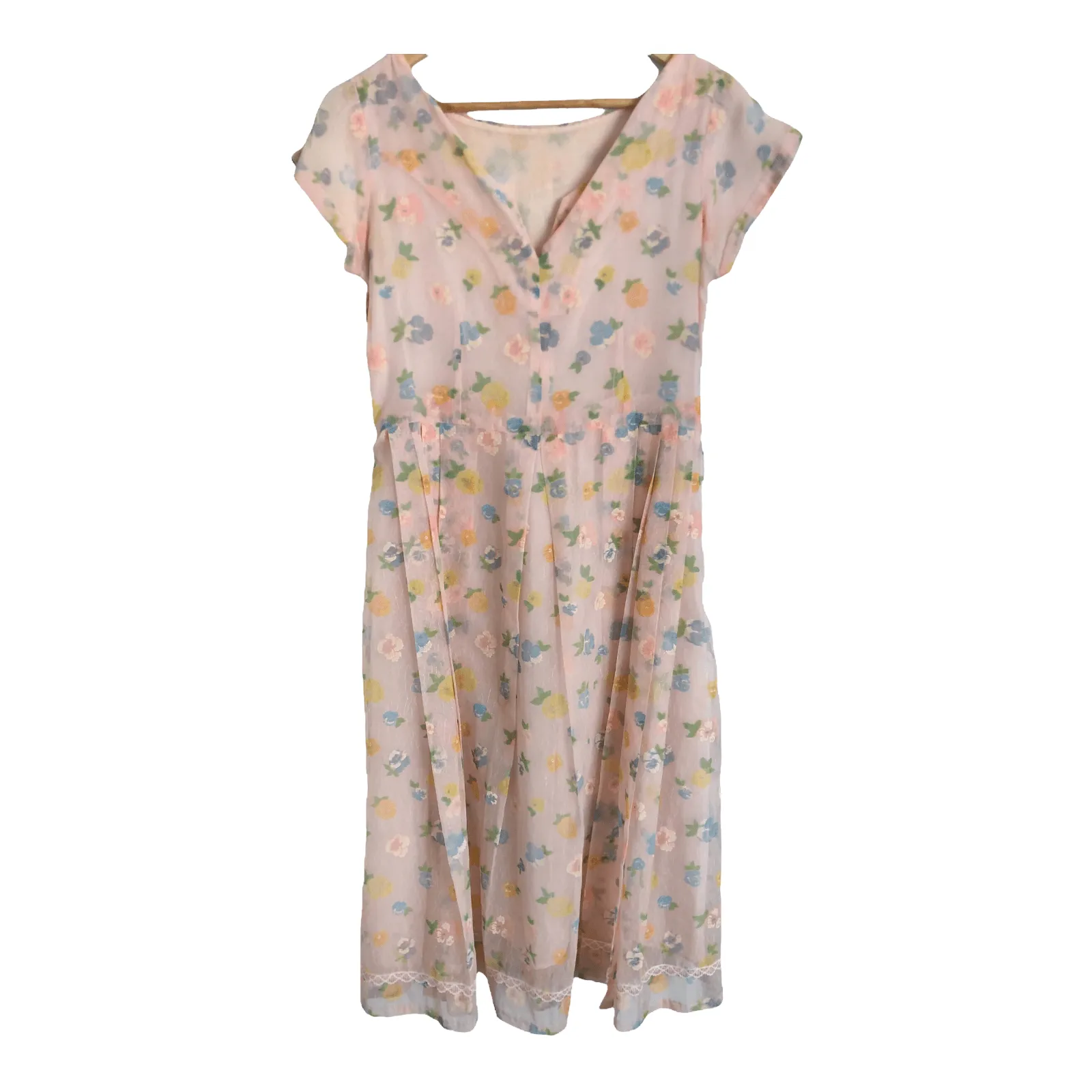 Unbranded Vintage Chiffon Short Sleeve Summer Dress Pink Multi Floral Print UK Size 12