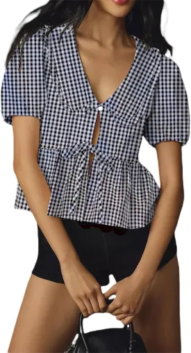 utcoco Women Tie Front Tops Puff Sleeve Peplum Babydoll Shirts Peter Pan Collar Coquette Blouses Cute Going Out Tops