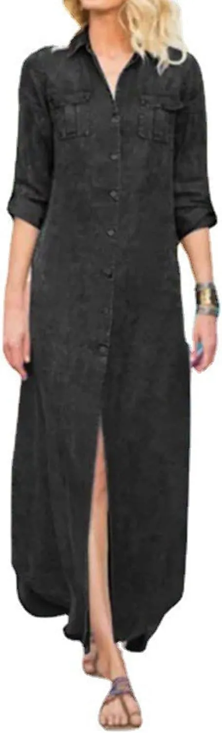 utcoco Womens Denim Shirt Dress Vintage Lapel Long Sleeve Casual Button Down Maxi Jean Dresses