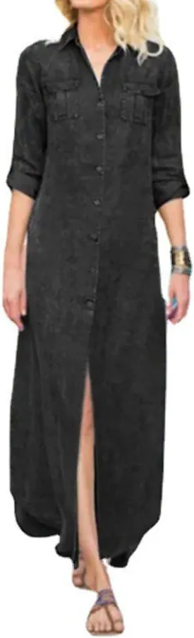 utcoco Womens Denim Shirt Dress Vintage Lapel Long Sleeve Casual Button Down Maxi Jean Dresses