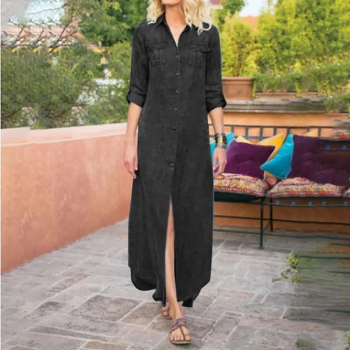 utcoco Womens Denim Shirt Dress Vintage Lapel Long Sleeve Casual Button Down Maxi Jean Dresses