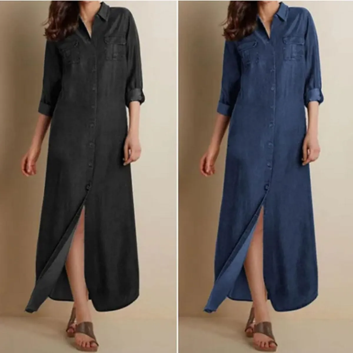utcoco Womens Denim Shirt Dress Vintage Lapel Long Sleeve Casual Button Down Maxi Jean Dresses