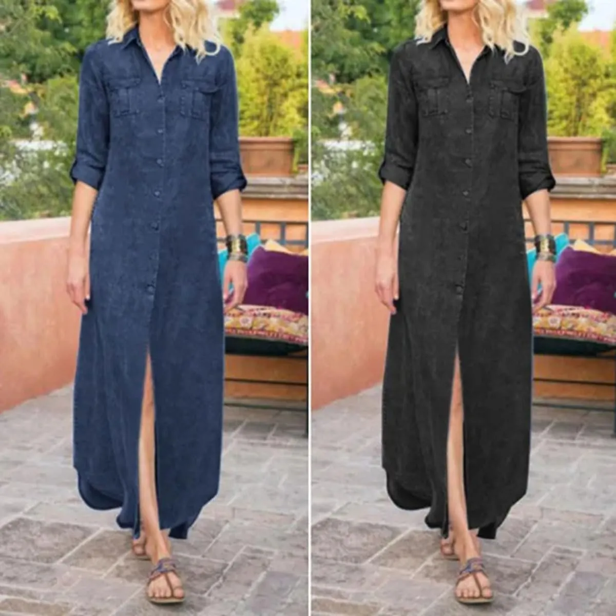utcoco Womens Denim Shirt Dress Vintage Lapel Long Sleeve Casual Button Down Maxi Jean Dresses