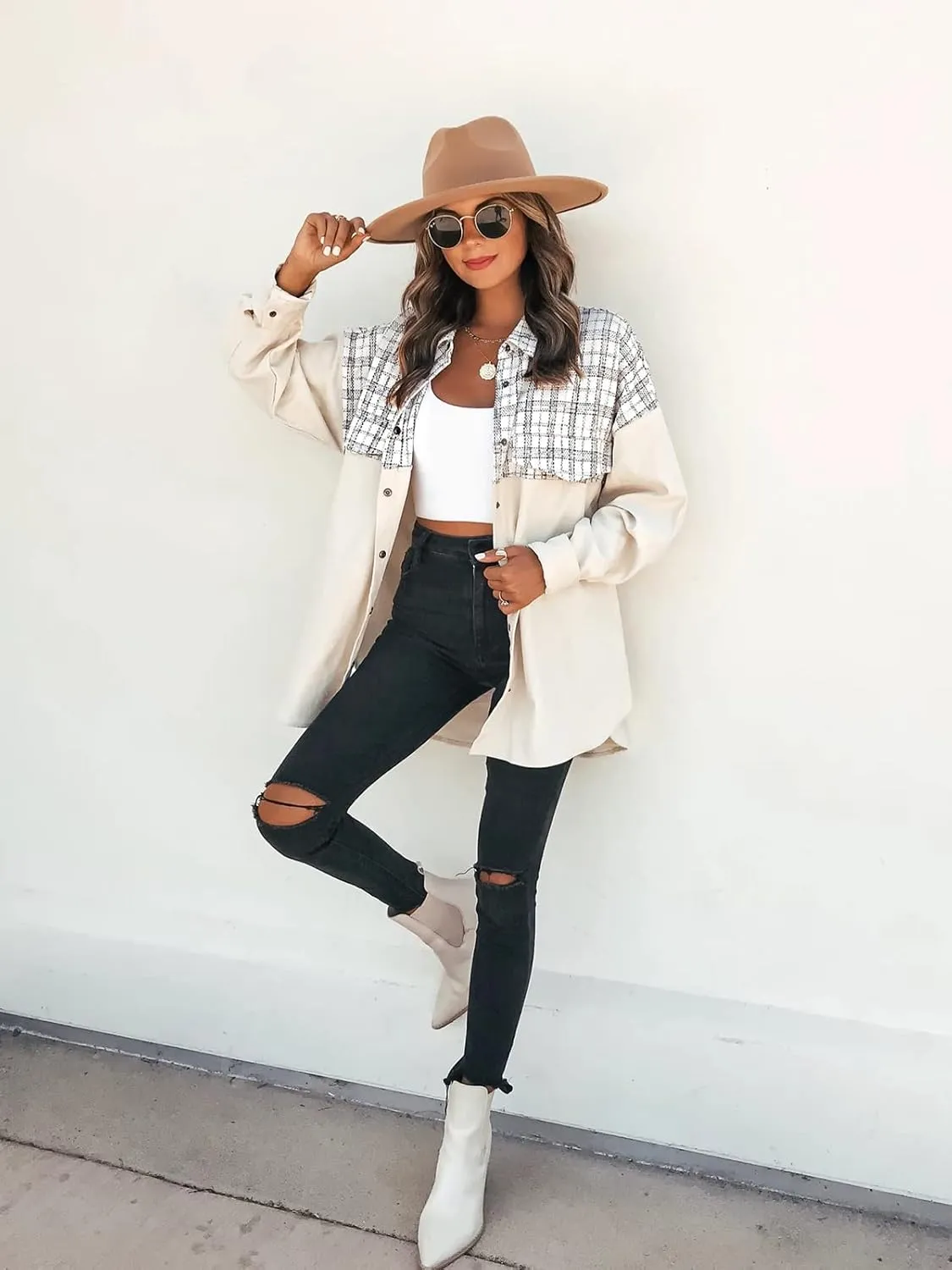 utcoco Women's Flannel Button Down Fleece Jacket Fall Fuzzy Plaid Blouse Jacket Winter Lightweight Coats