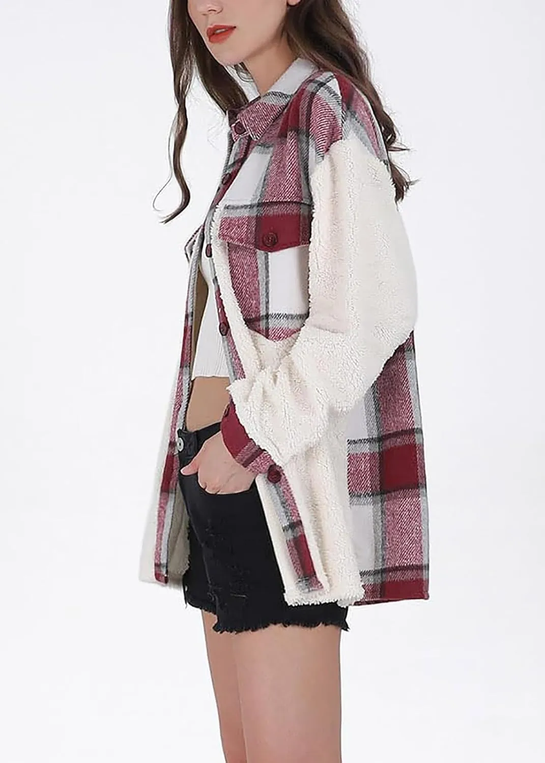 utcoco Women's Flannel Button Down Fleece Jacket Fall Fuzzy Plaid Blouse Jacket Winter Lightweight Coats