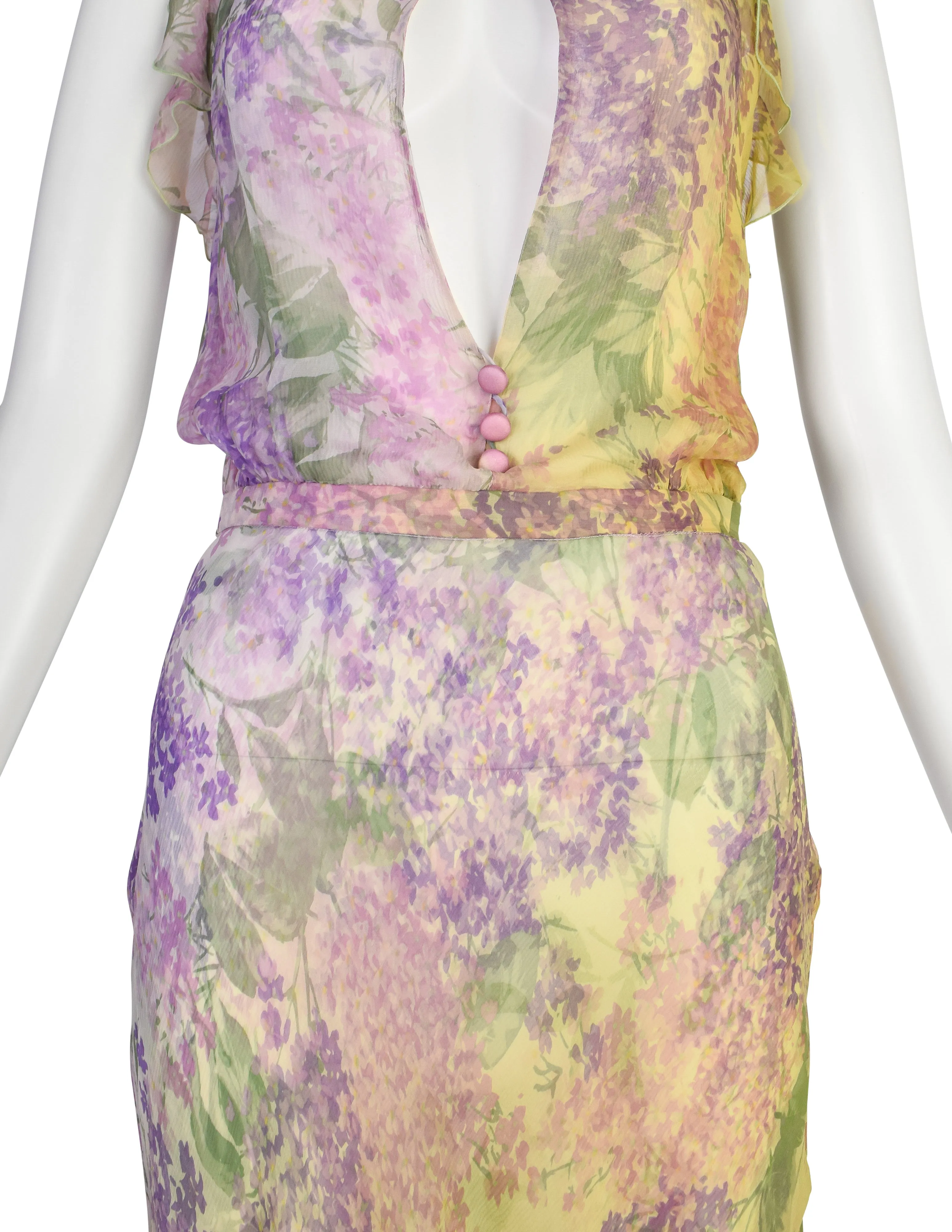 Valentino Vintage SS 1997 Purple Green Floral Bias Silk Chiffon Dress