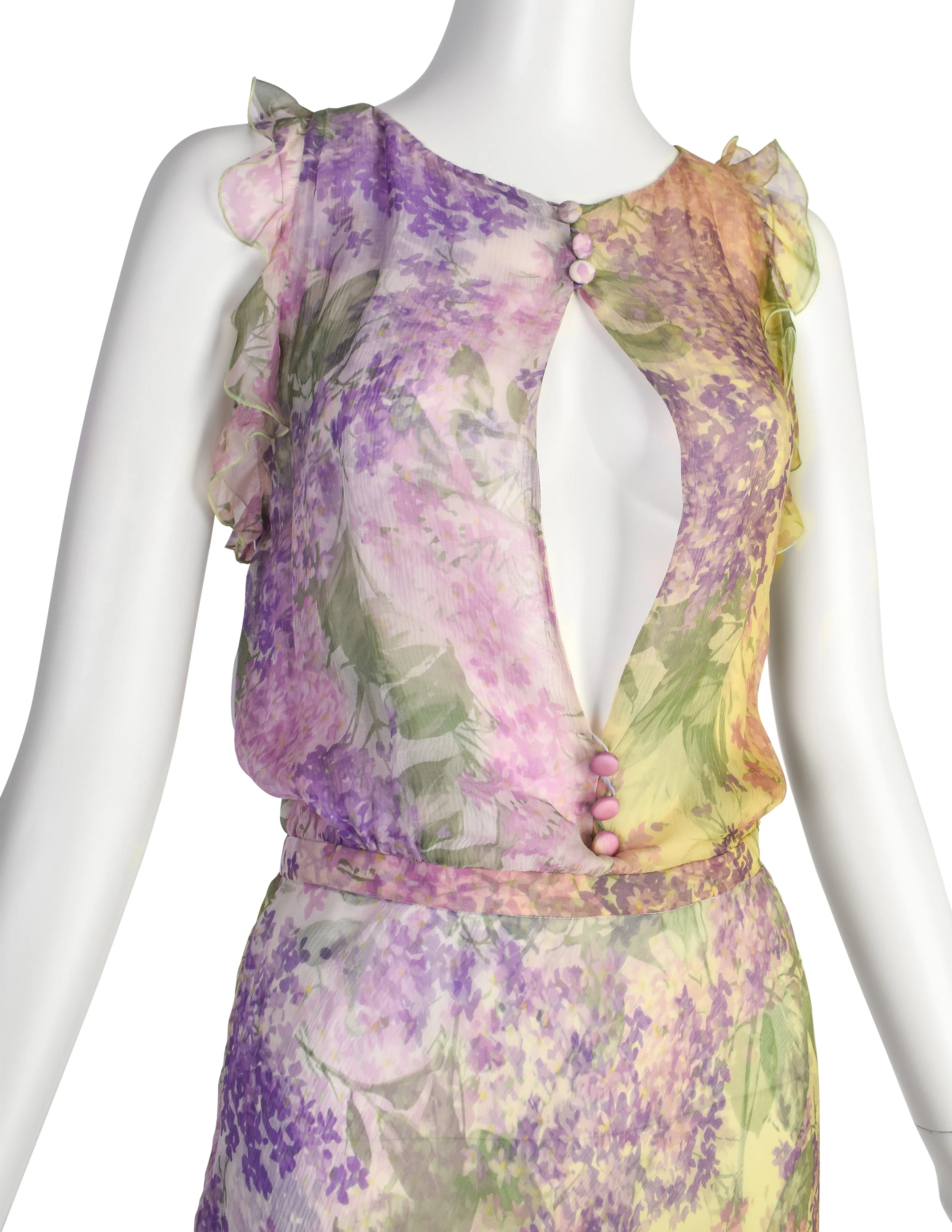 Valentino Vintage SS 1997 Purple Green Floral Bias Silk Chiffon Dress