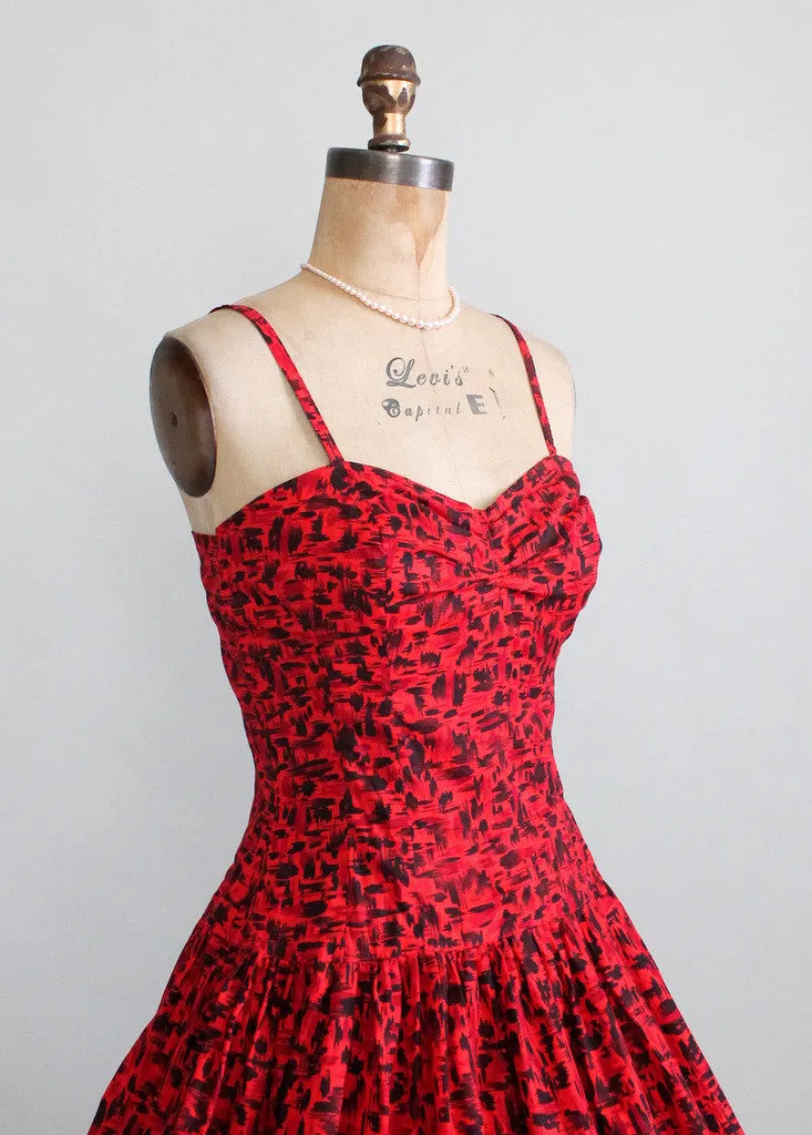Vintage 1950s Red and Black Tiki Print Sundress