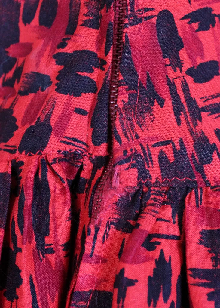 Vintage 1950s Red and Black Tiki Print Sundress
