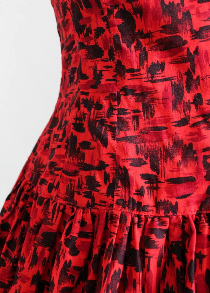 Vintage 1950s Red and Black Tiki Print Sundress