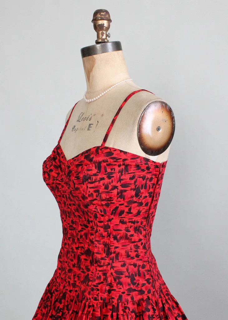 Vintage 1950s Red and Black Tiki Print Sundress