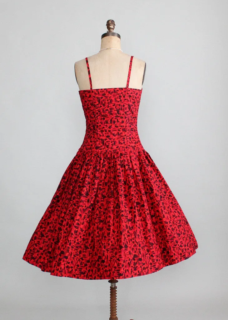 Vintage 1950s Red and Black Tiki Print Sundress